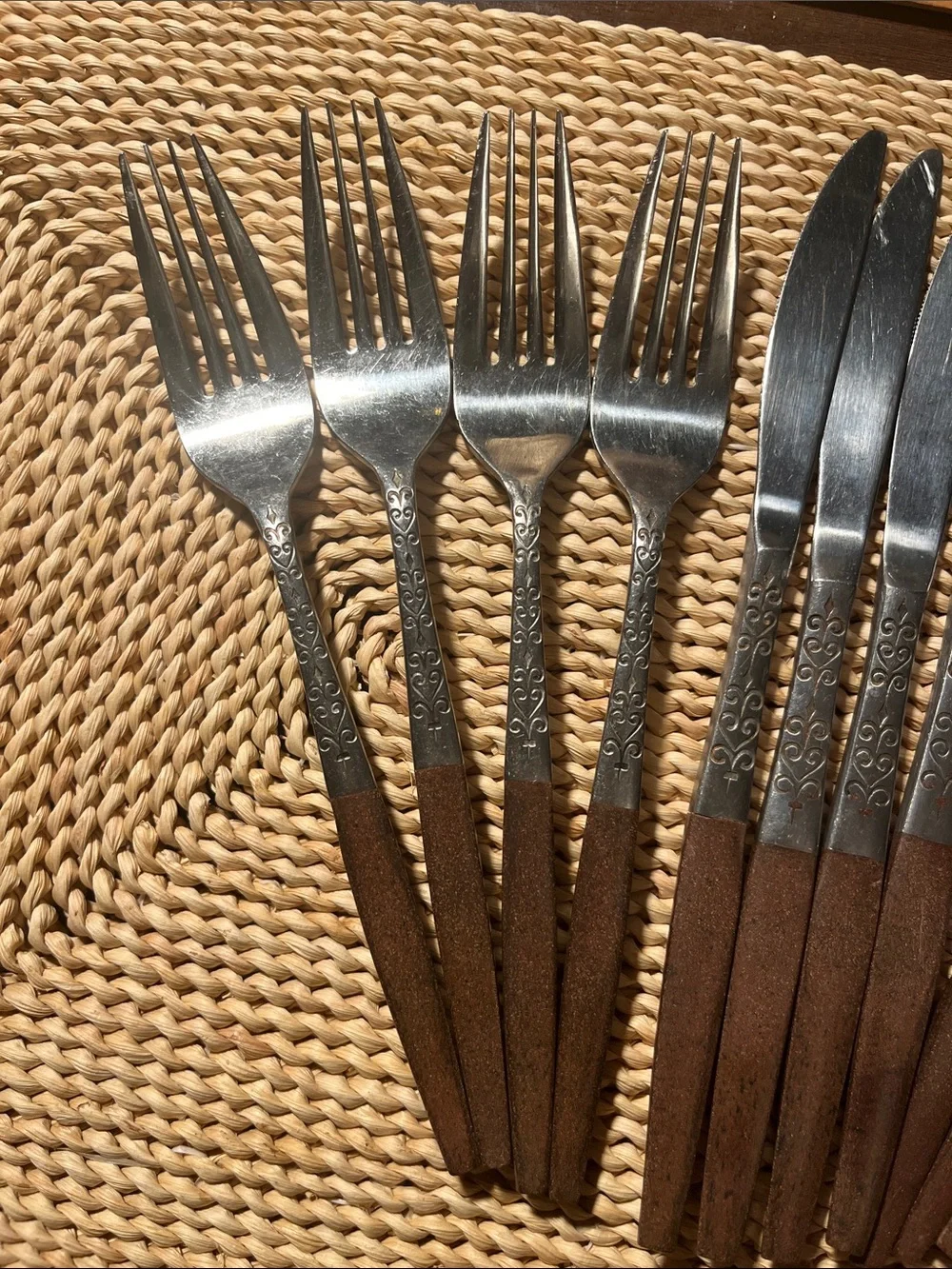 Vtg MCM Interpur 12 pc Wood Handle Silverware 4 knives 4 sm and 4 lg forks